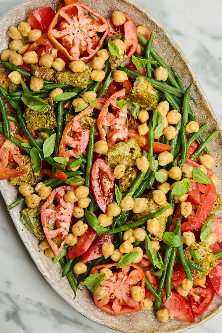 Green Bean & Tomato Salad with Pesto Croutons