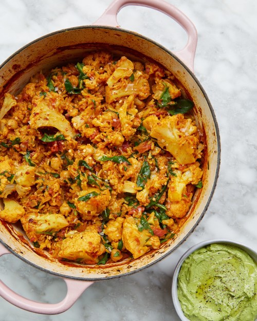 One-Pan Cauliflower Curry With Coriander Cashew Pesto