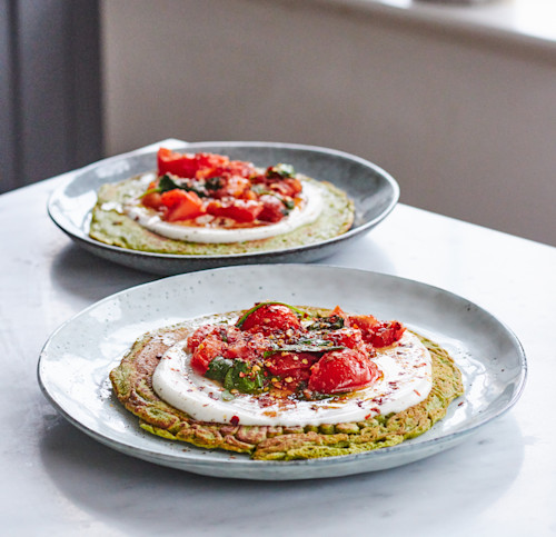 Spinach Pancakes With Garlicky Tomatoes