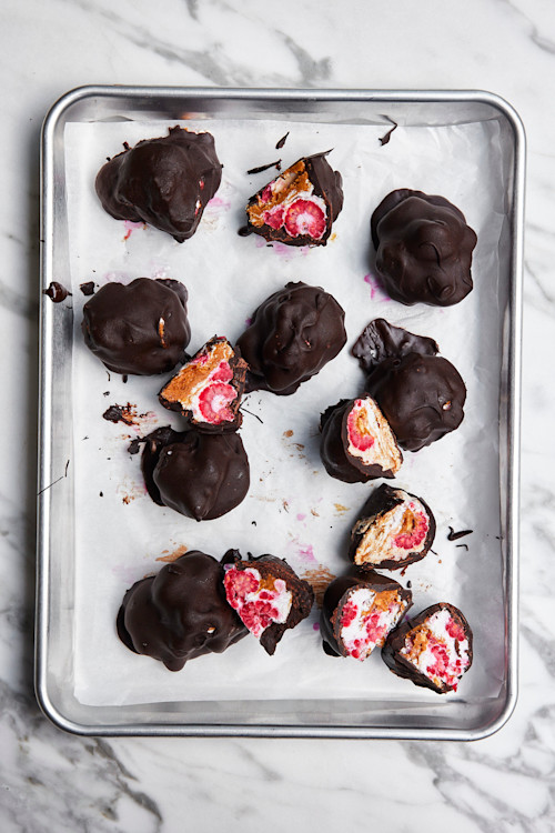 Frozen Raspberry, Chocolate & Peanut Butter Bites