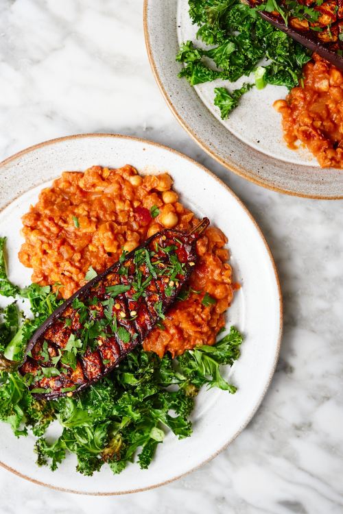 Aubergine Steaks With Chickpea Ragu & Crispy Kale