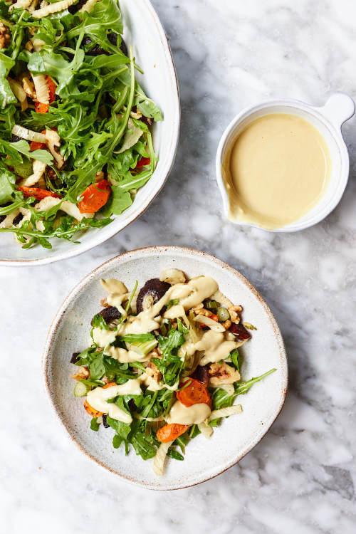 Roasted Roots Salad With Tahini Mustard Dressing