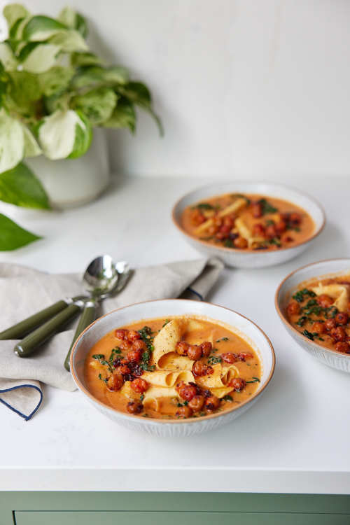 Veggie Lasagne Soup With Crispy Chickpeas