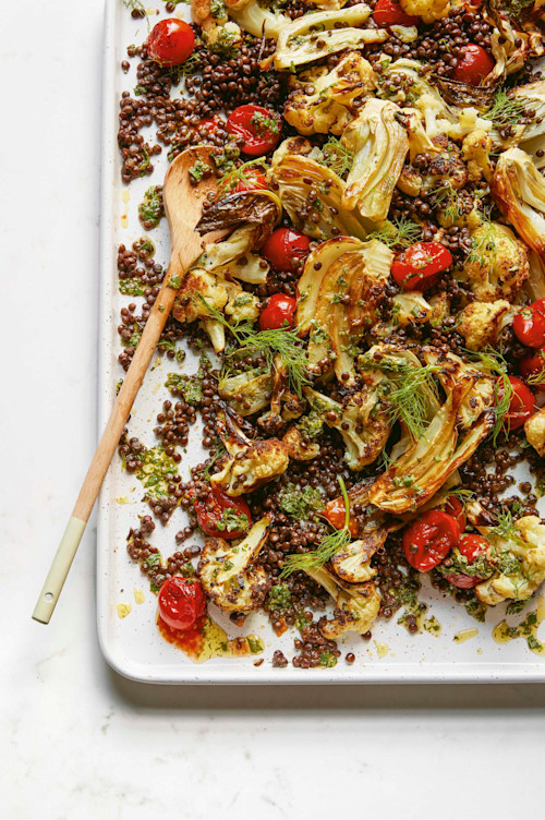 Roasted Cauliflower, Fennel, Tomato And Puy Lentil Traybake