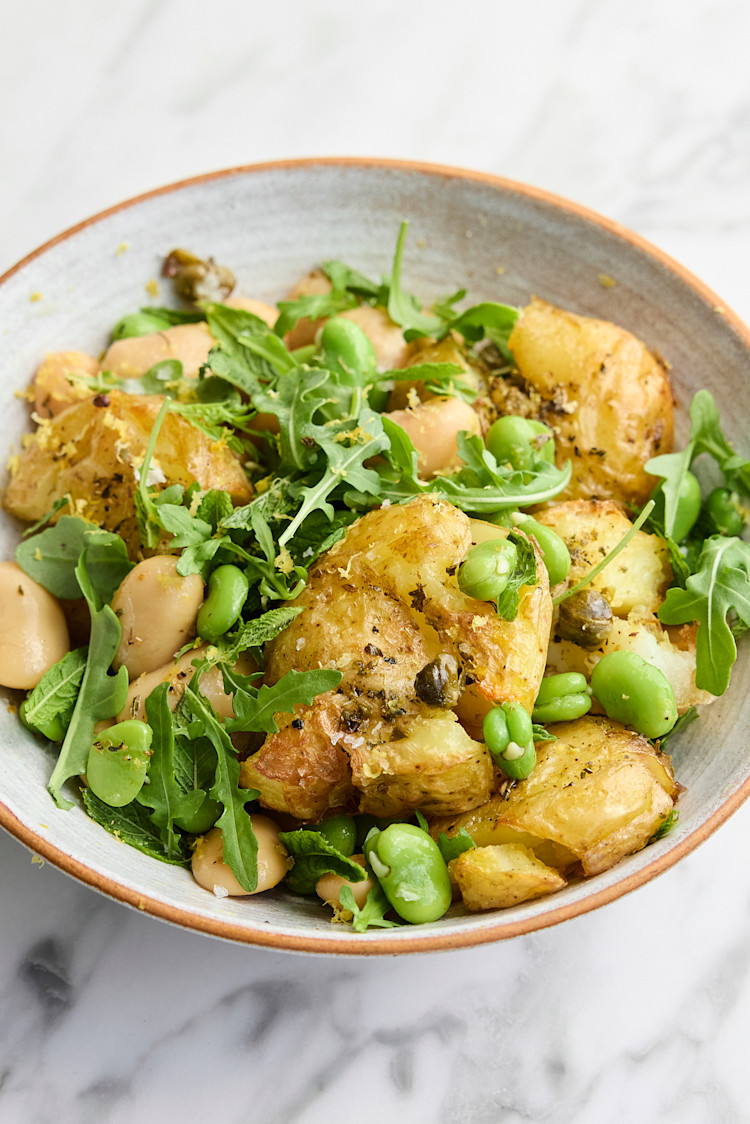 Herby Smashed New Potatoes with Broad Beans & Rocket Salad