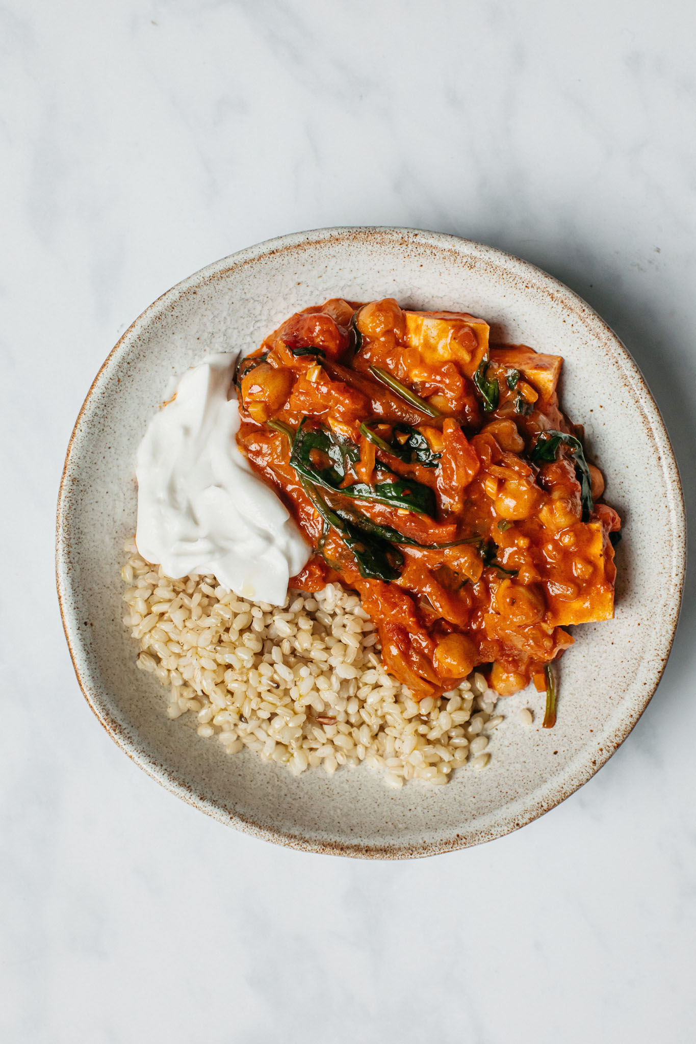 Chickpea, Tofu & Harissa Stew With Brown Rice & Yoghurt Deliciously