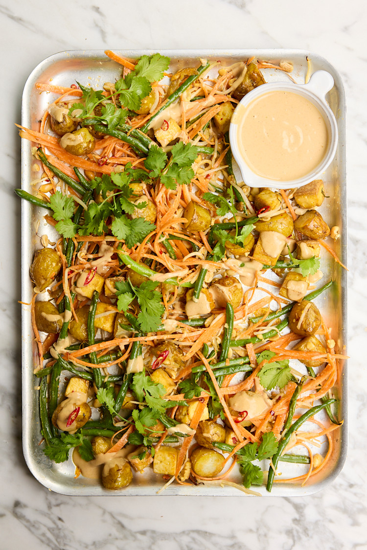 Warm Green Bean, Potato & Peanut Traybake Salad