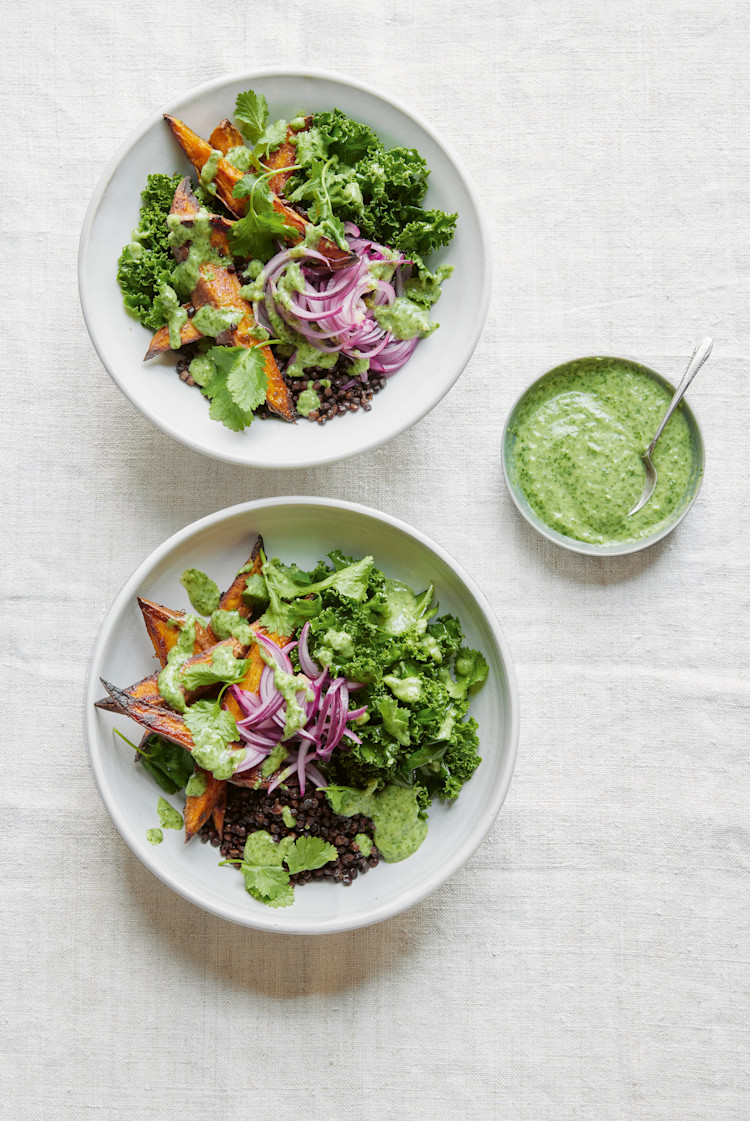 Sweet Potato and Crispy Lentil Bowls with Coriander and Ginger Yoghurt