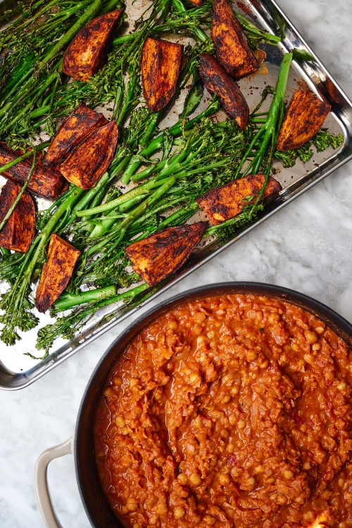 Chickpea Ragu With Roasted Sweet Potatoes & Broccoli