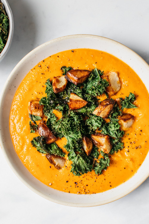 Spiced Carrot & Cannellini Soup With Potato-Kale Topping