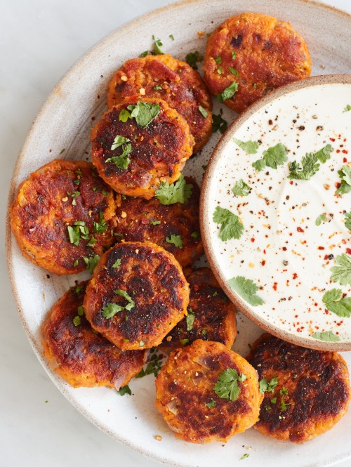 Spiced Carrot & Corn Fritters With Lemon Tahini Dip