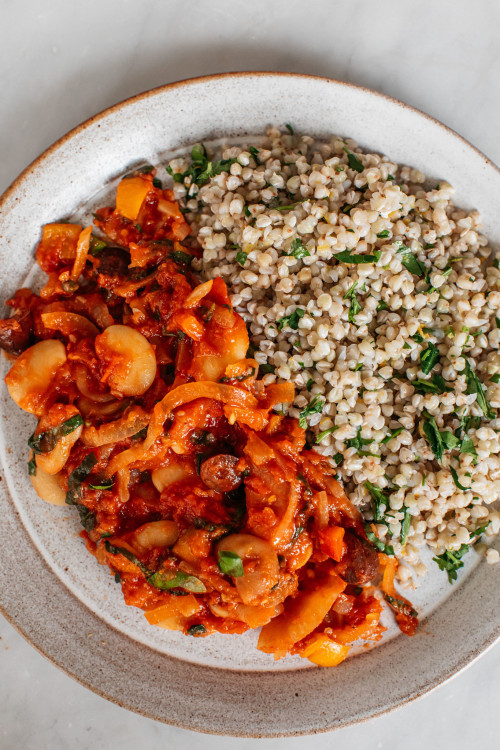 Puttanesca Bean Stew on Lemony Buckwheat