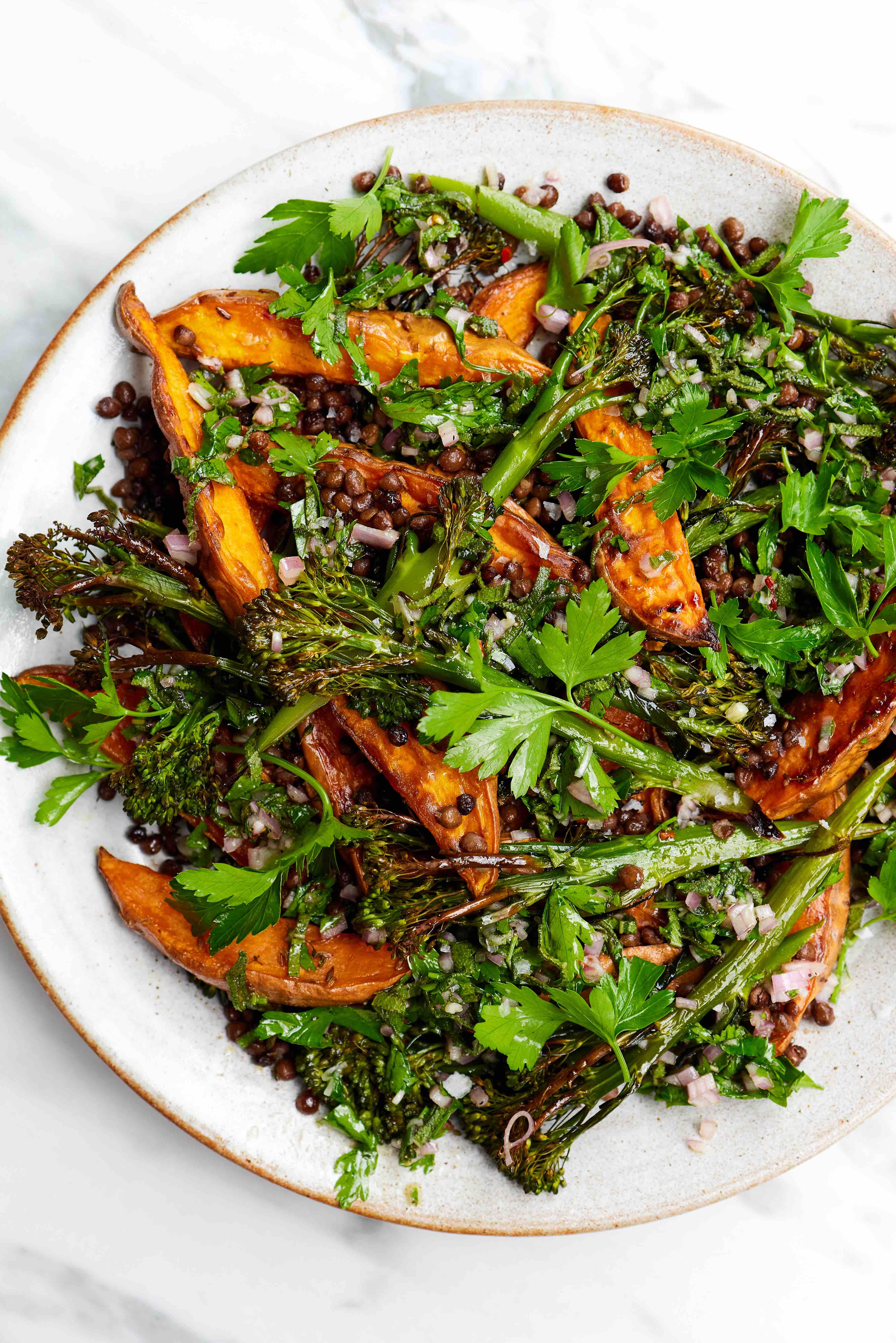 Warm Sweet Potato & Tenderstem Salad With Sage Salsa Verde