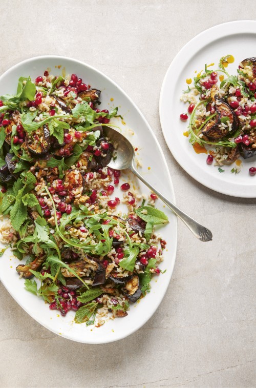 Herby Jewelled Rice with Roasted Aubergine, Walnuts, Mint and Pomegranate