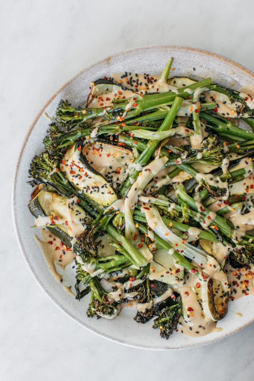 Roasted Spring Vegetables With Zesty Tahini Dressing 