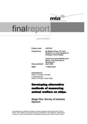 Developing alternative methods of measuring animal welfare on ships - Stage 1