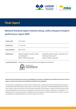 National livestock export industry sheep, cattle and goat transport performance report 2020