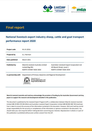 National livestock export industry sheep, cattle and goat transport performance report 2020