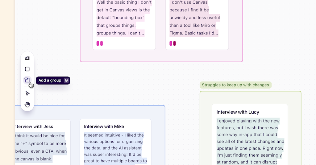 Create groups on note, highlight, and insight canvas views