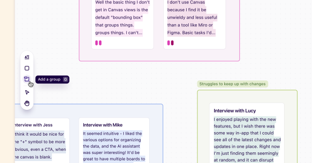 Create groups on note, highlight, and insight canvas views