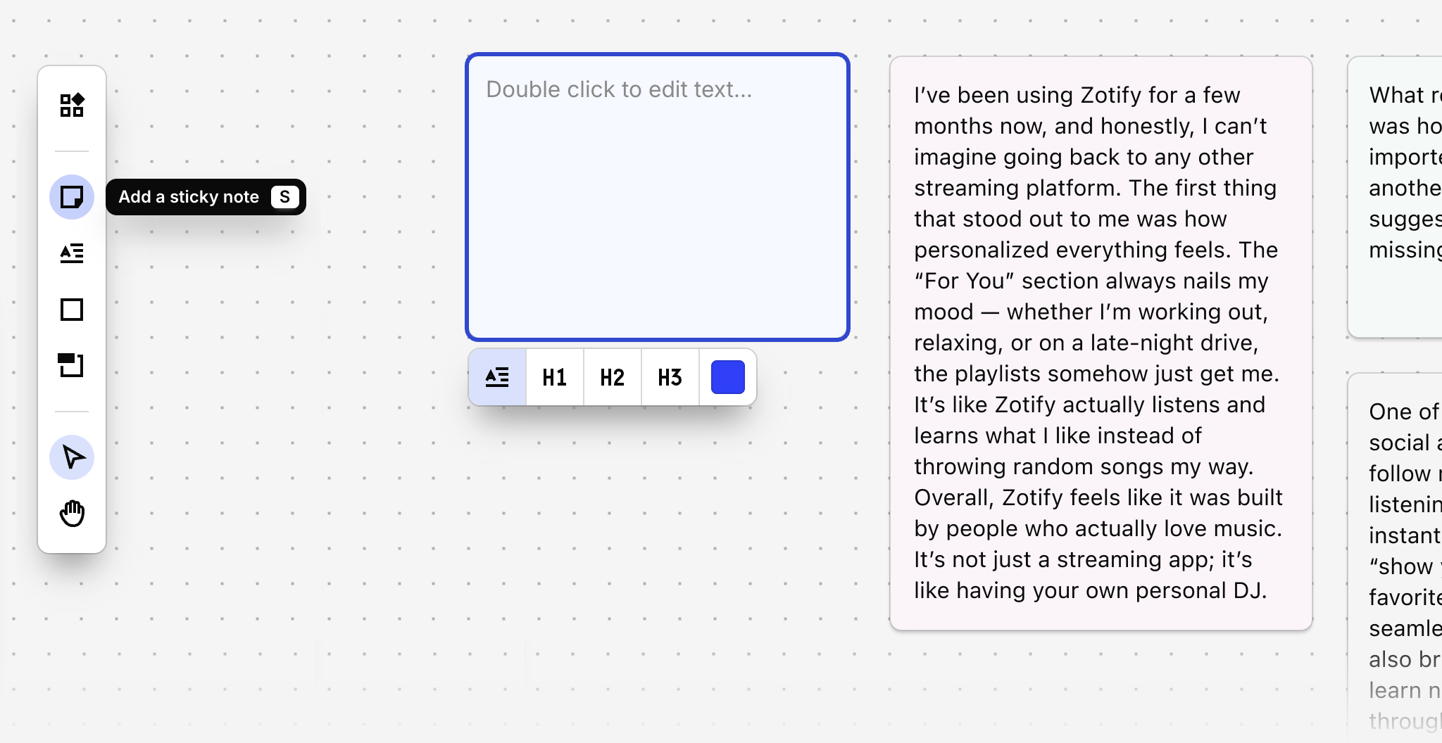 Sticky notes in canvas view
