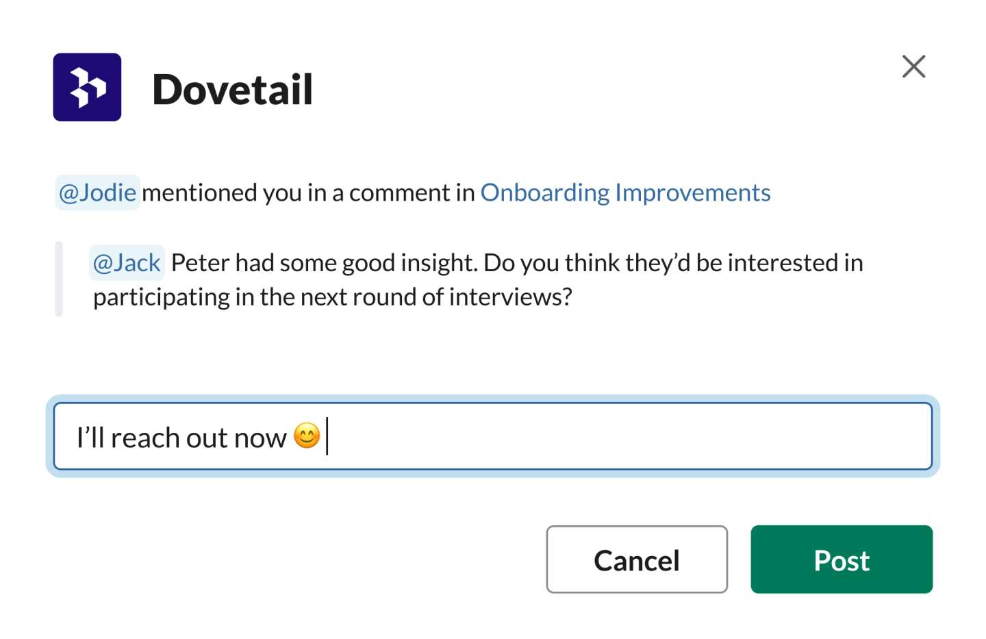 Reply to and like comments in Slack