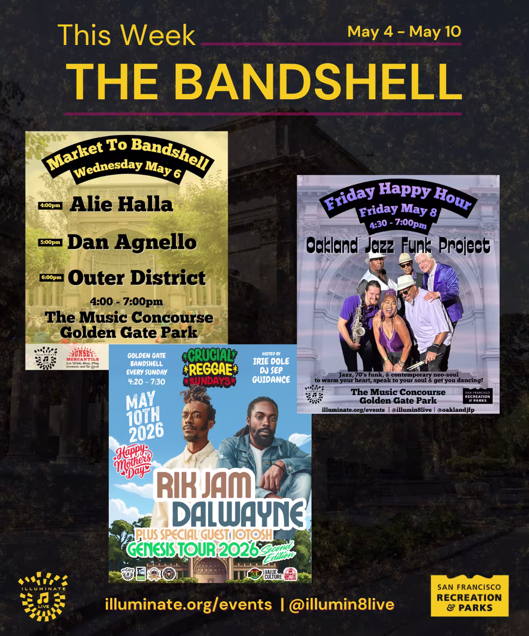 Posters of the 3 shows happening at The Bandshell between May 4 and May 10