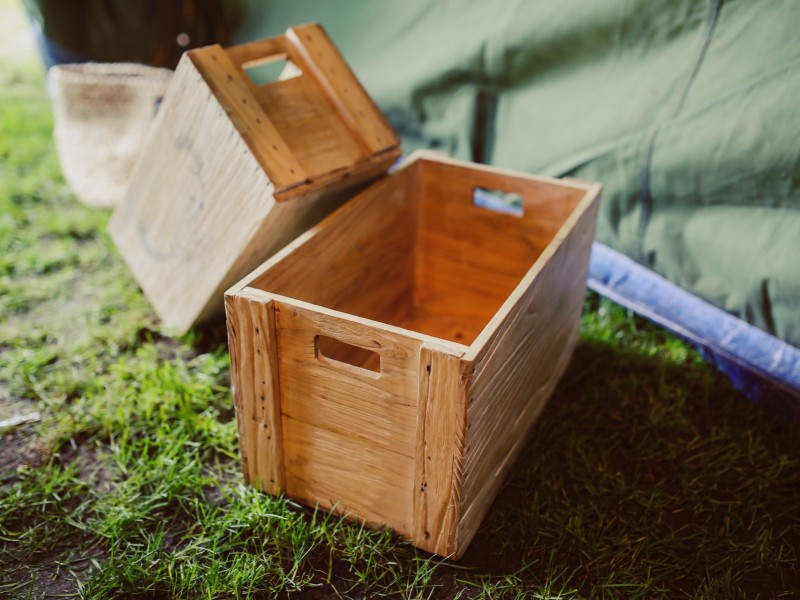 Wood crates by a tent
