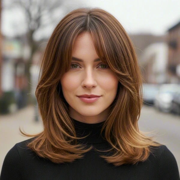 A fair-skinned woman with yellow-brown hair has curtain bangs standing in a street.