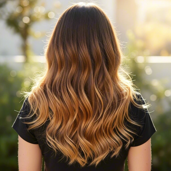 A fair-skinned woman has Ombré hair with the hair color gradually transitioning from dark brown at the roots to blonde at the ends standing in a garden.