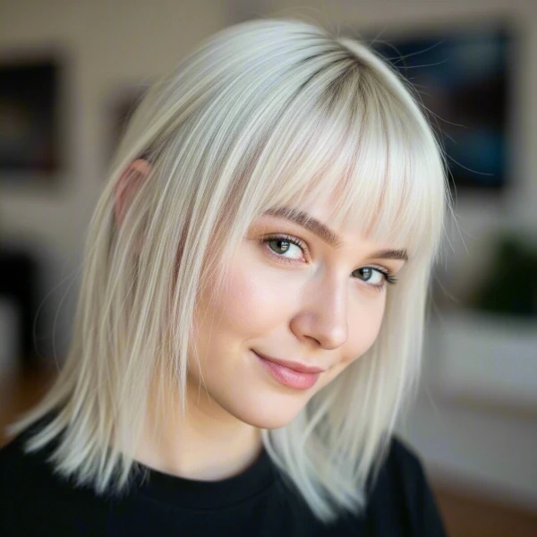 A fair-skinned woman with blonde hair has wispy micro bangs as her mini bangs smiling in a room.