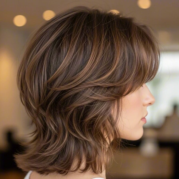 A fair-skinned woman with brown thin straight hair has a shag hairstyle sitting in a hair salon.