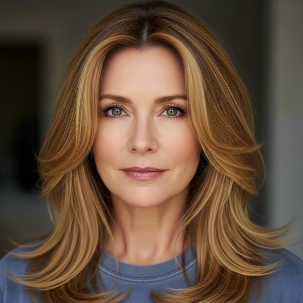 A fair-skinned woman with brown hair and blonde highlights has long layers as her feminine haircut for square face sitting in a room.