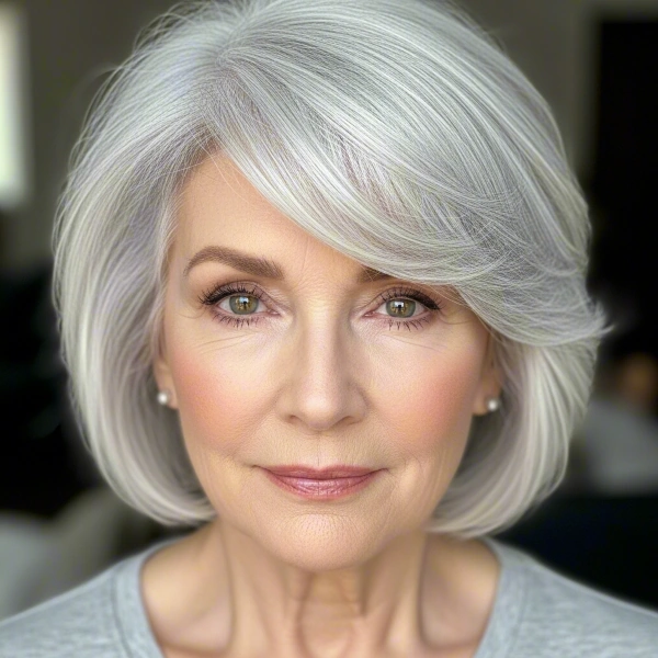 A fair-skinned woman with gray hair and a square face has side-swept bangs as her feminine haircut for square face sitting in a room.