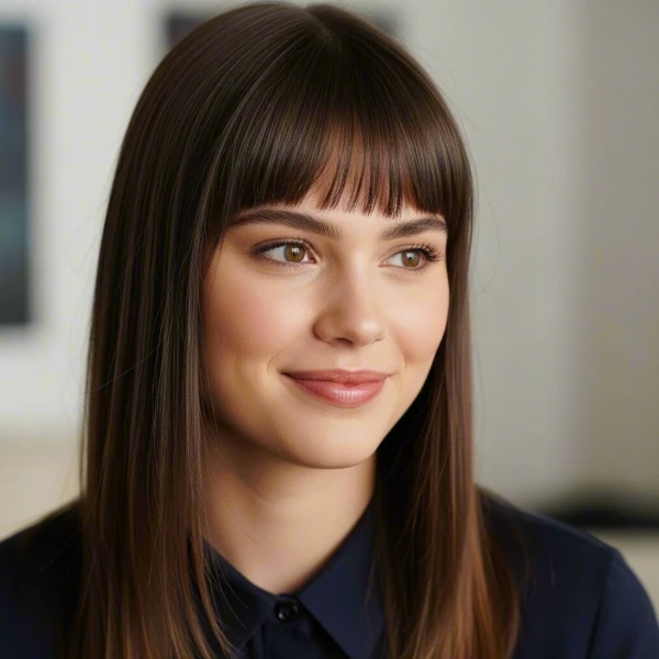 A fair-skinned woman with brown hair has blunt bangs in front of a white background.