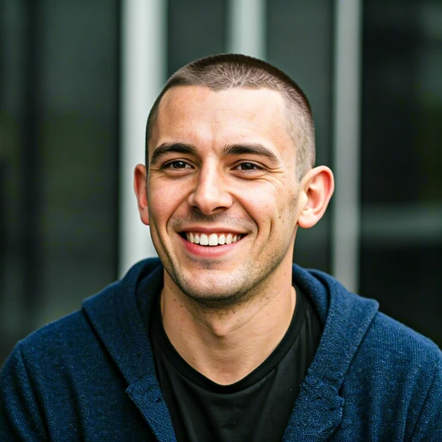 man in a blue coat and black shirt smiling with a buzz cut