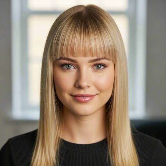 A fair-skinned woman with blonde hair has rock sleek, straight micro bangs as her mini bangs standing in front of a window.