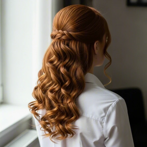 A fair-skinned woman with yellow-brown hair has soft curls pinned half-up and loose waves with a deep side part as her prom hairstyle for long hair sitting next to a window.