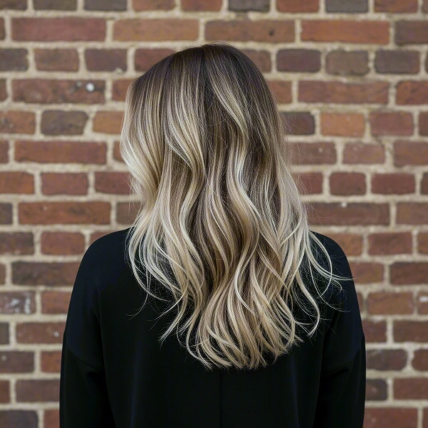 A woman has Balayage hair with black hair and soft blonde highlights standing in front of a brick wall.
