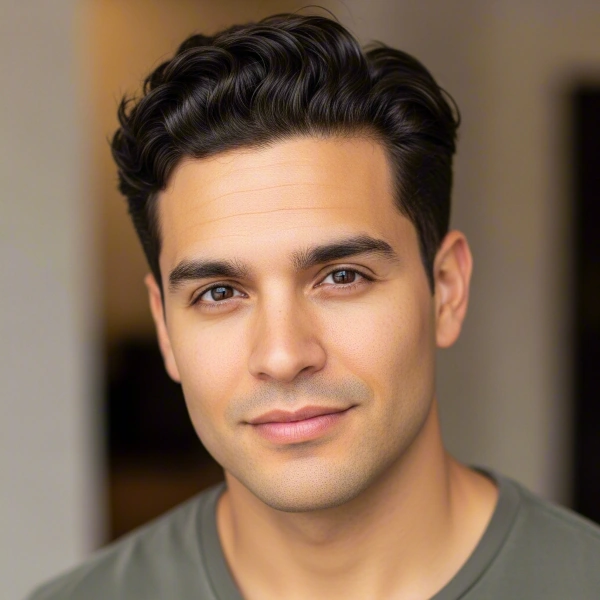 A tan-skinned man with black hair and a square face has a textured quiff as his masculine haircut for square face sitting in a room.