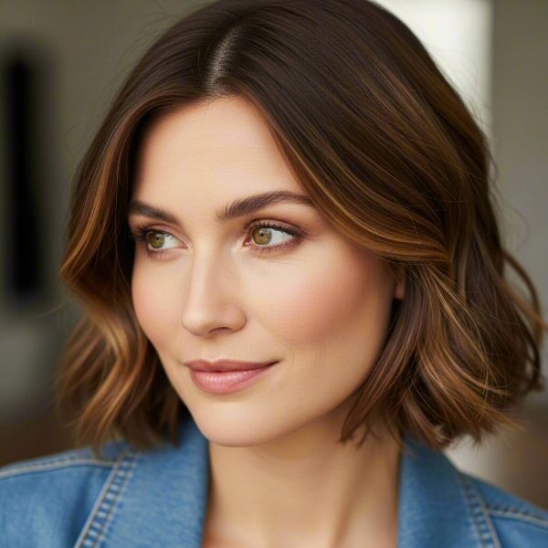 A fair-skinned woman with brown hair and a square face has a wavy bob as her feminine haircut for square face sitting in a room.