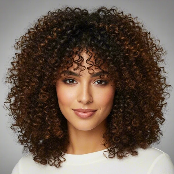 A tan-skinned woman with dark brown hair has curly micro bangs as her mini bangs in front of a grey background.