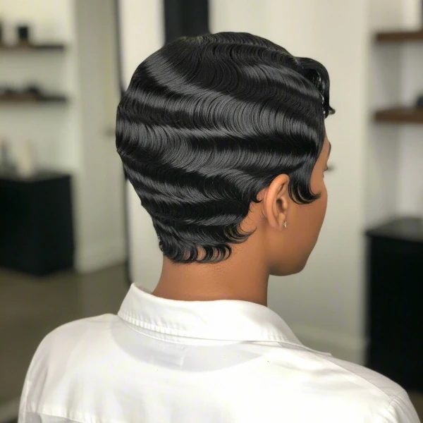 A tan-skinned woman with black hair has finger waves as her prom hairstyle for short hair sitting in a hair salon.