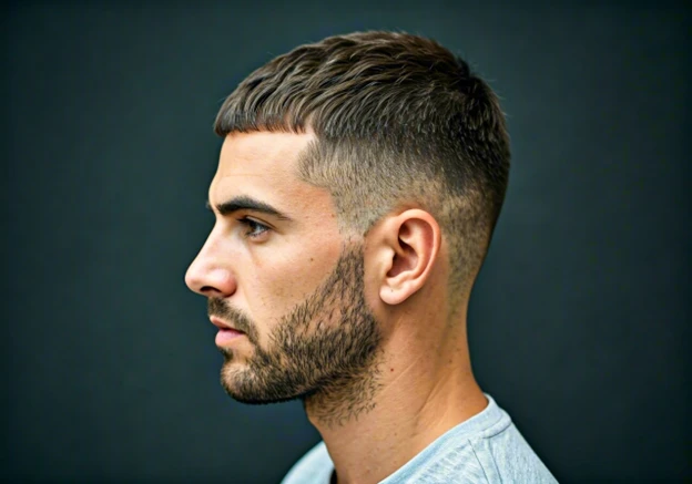 Man looking left with a french crop haircut in front of a dark background