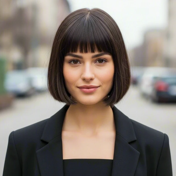 A fair-skinned woman with brown hair has micro bangs standing in a street.