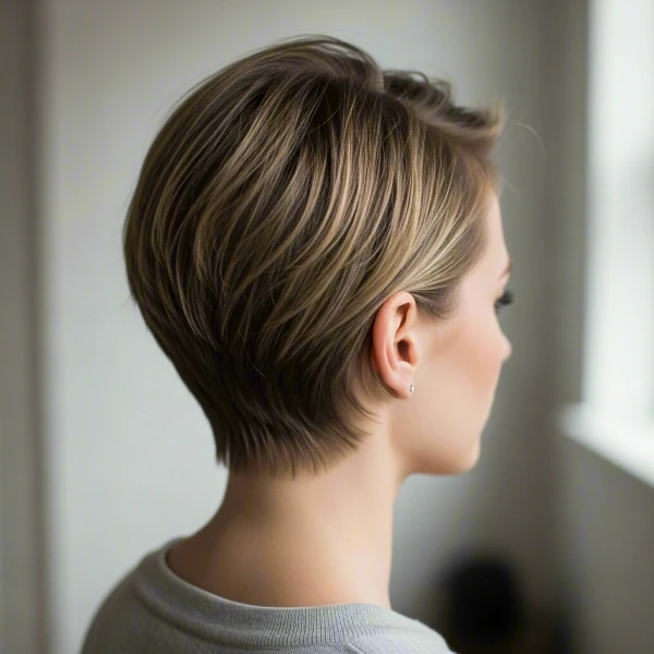 A fair-skinned woman with beige-blonde thin straight hair has a pixie cut as hairstyle sitting in a room.