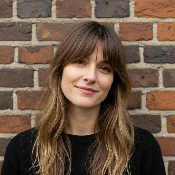 A fair-skinned woman with yellow-brown thin straight hair has curtain bangs as hairstyle standing in front of a brick wall.