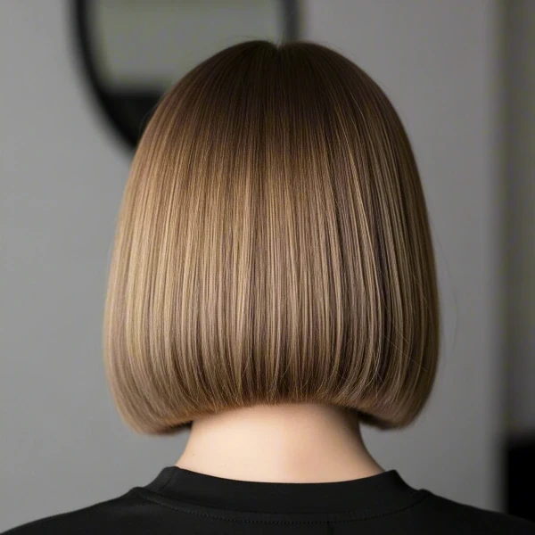 A fair-skinned woman with yellow-brown thin straight hair has a bob hairstyle sitting in a hair salon.