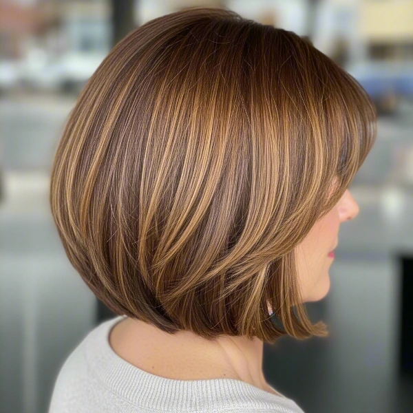 A fair-skinned woman with dark brown hair and light brown highlights has the classic bob as her hairstyle for 50 and over sitting in room.