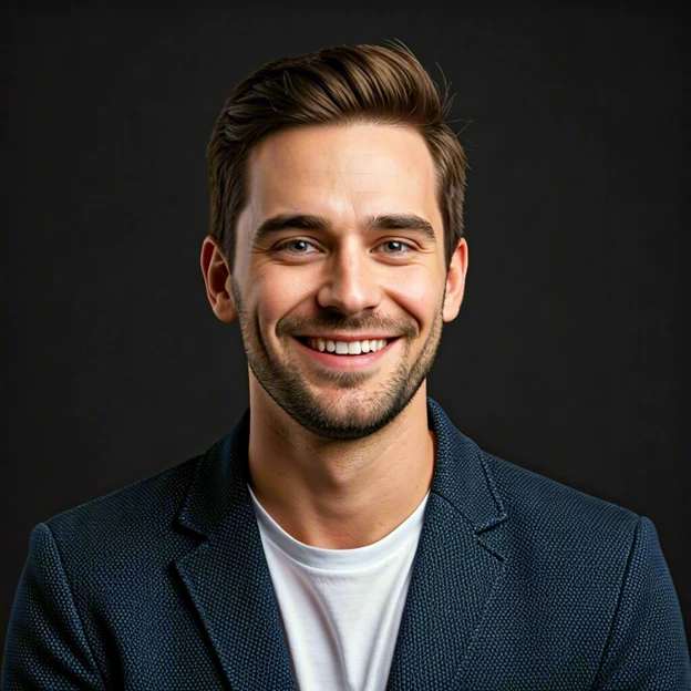Man smiling with an ivy league haircut wearing a navy blue jacket and white t-shirt